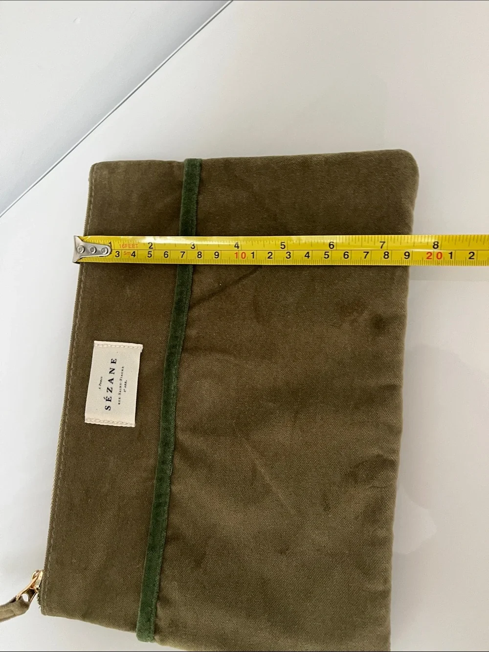 Sezane Olive Green Velvet Cosmetic Pouch with Dark Green Trim